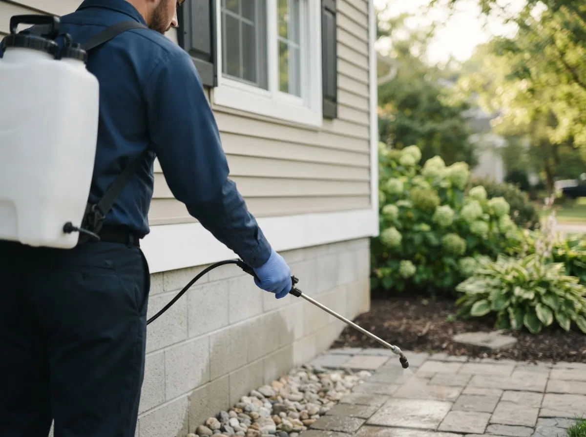 Pest control technician inspecting a home in Clio, MI